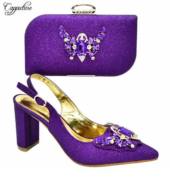 

Graceful purple spring/autumn pumps with bag nice pointed toe shoes and handbag set with stones 688-16 heel height 8.5cm