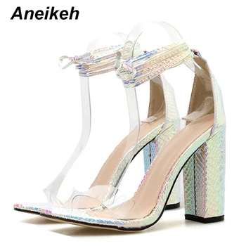 

Aneikeh Fashion Silvery Serpentine Shoes Woman Sandals Peep Toe High Heels Sandals Summer Cross Strap Lace-up Pumps Party Shoes