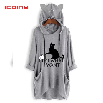 

Women Long Hoodie Sweatshirt Pullover Cartoon Print Long Sleeve Splited Pockets Sweatshirt Hoody Pullovers Dress Sudadera Mujer