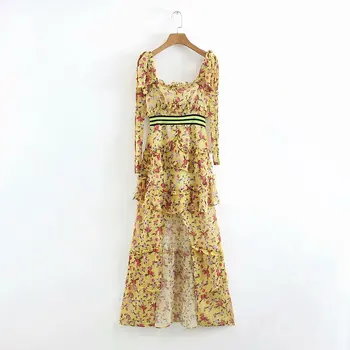 

Vintage Floral Print Cascding Ruffles Striped Patchwork Dress Women Front Open Long Dresses Casual Streetwear Vestidos
