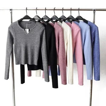 

Hot Selling Basic v-neck Solid Autumn Winter Sweater Pullover Women Female Knitted Tops Slim Long Sleeve Short Sweater