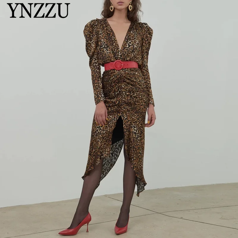 

Sexy Women Leopard print dress Spring Puff sleeve V-neck Female Bodycon dress Irregular hem Fashion Vestidos Party YNZZU YD310