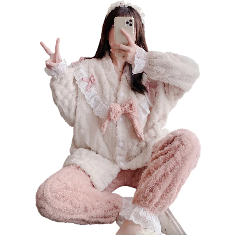 

2 шт./компл. розовая пижама, бархатный теплый пижамный комплект, женское нижнее белье, женская пижама, домашний костюм, одежда для сна, фланелевая ночная рубашка с бантом