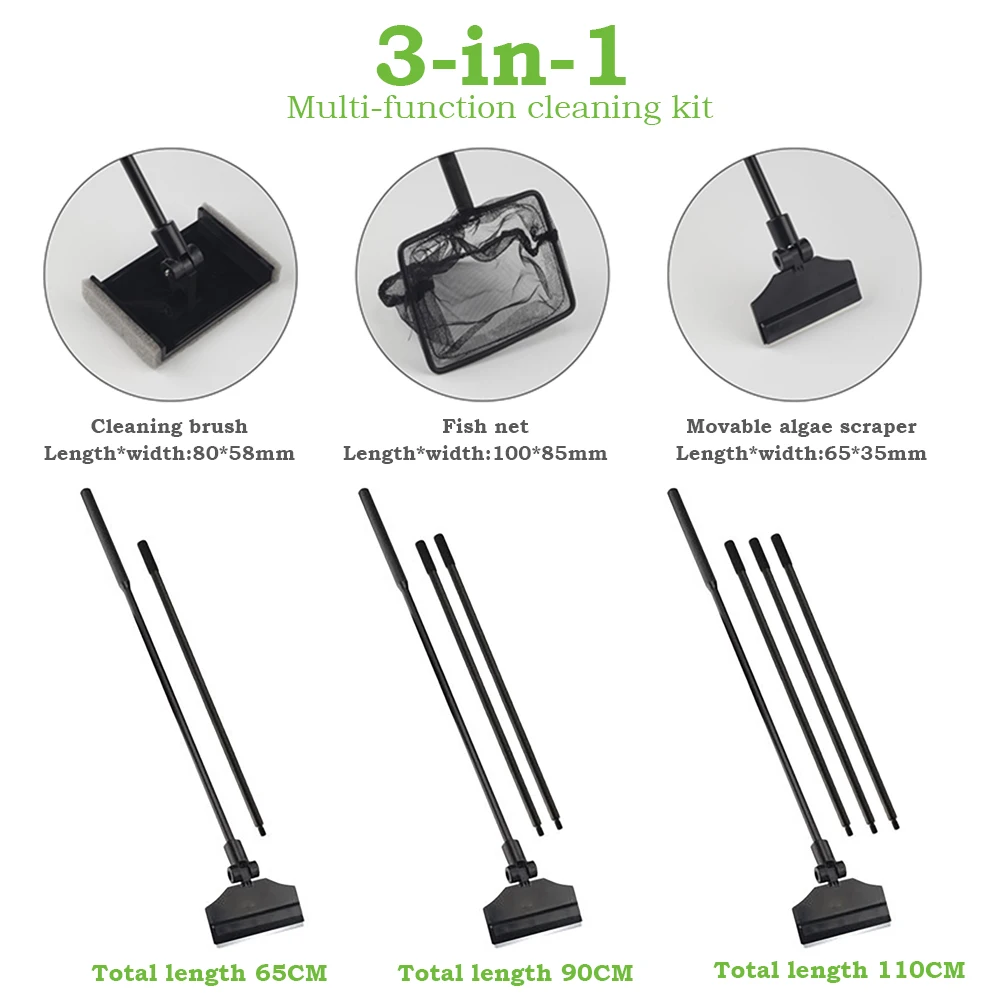 3 in 1 Aquarium Fish Tank Cleaning Tool Fish Tank Brush+Algae Scraper+Fish Net 110CM Aquarium Cleaning Set