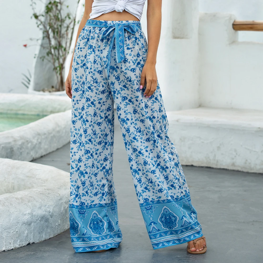 

Fashion Loose Floral Printed Wide Leg High Waist Bandage Trousers Female Long Pant Ladies Clothes Spring Casual Loose Pants