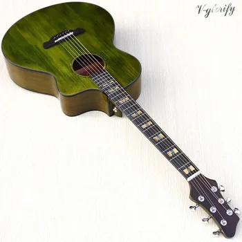 

solid wood spruce top 41 inch green color orange color acoustic guitar high gloss cutway 6 string folk guitar 2020 new arrival