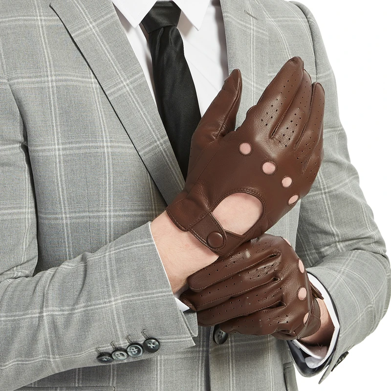 

Quality Classic Touchscreen Men's Leather Driving Gloves Unlined Genuine Nappa Lambskin Motorcycle Gloves Perforated Brown Black