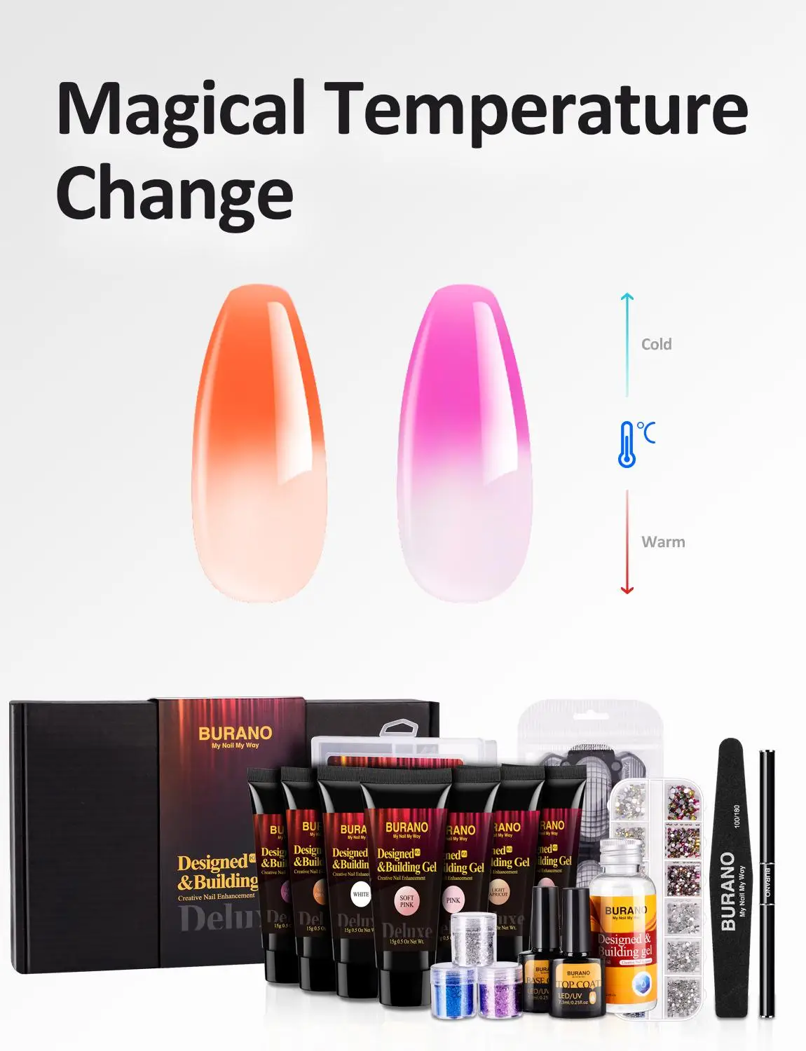 Online BURANO Deluxe Poly Nagel Gel Starter Kit mit 7 Farbe Builder Gel, 3 Boxen Glitter Nagel Pailletten, AB Kristall Strass, Temperatur Farbwechsel Erweiterung Nagel Kunst Verbesserung Kit mit Slip Lösung