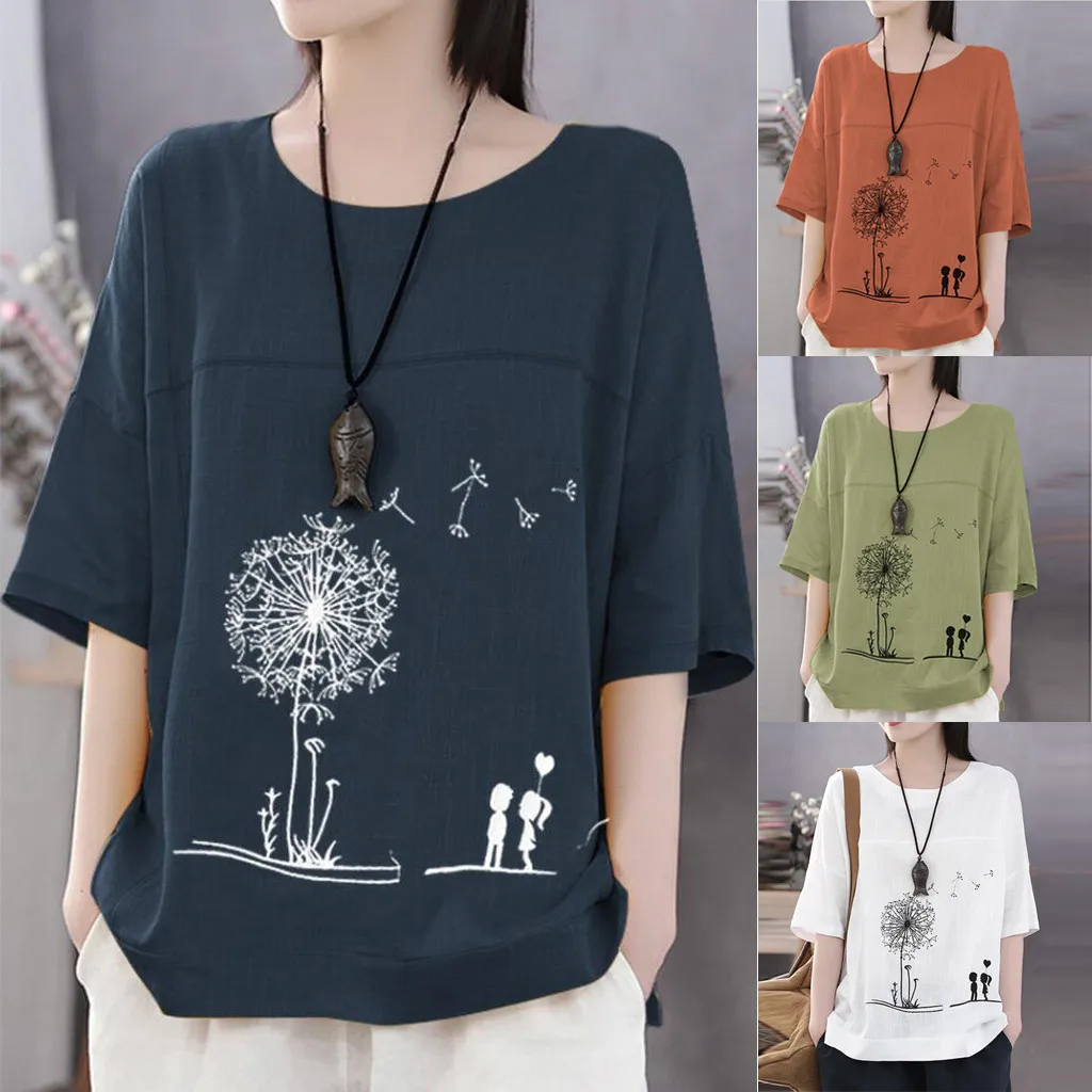 

Blouse Women Blusas Mujer De Moda Ladies Short Sleeve Cotton Linen O-Neck Print Blouse Top 9.18