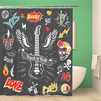 

Bathroom Shower Curtain Rock N Roll Forever Love and Music Symbol Fire Polyester Fabric Waterproof Bath Curtain Set with Hooks