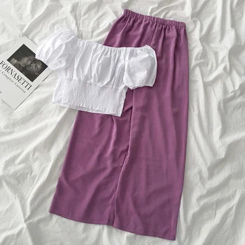 

Matching Set Summer Fashion Pant Set Women White Slash Neck Short Tops + High Waist Wide Leg Purple Pant Trouser Two Pieces Set