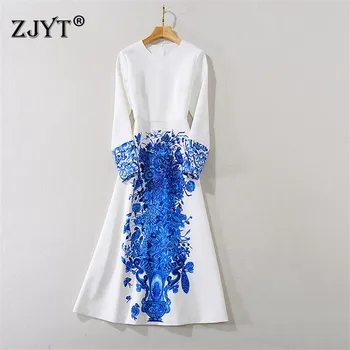 

Fashion New Autumn Runway Women High Quality Long Sleeve Vintage Blue Print Mid Calf Dress Elegant Lady Vestidos