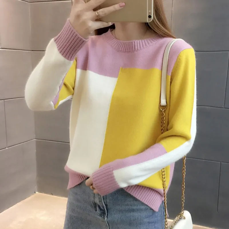Women Sweater Patchwork Contrast Color Sweater Long Sleeve Jumper Women Sweater Pullover Knitted Sweater Female Pull Femme