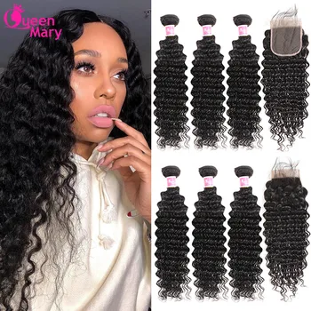 Brazilian Deep Wave Bundles With Closure Non Remy Human Hair 3 and 4 Bundles With Lace Closure Queen Mary Human Hair Extensions 1