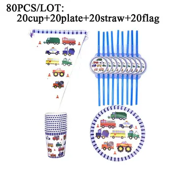 

Birthday Party Decoration Kids Boy Car Disposable Tableware Cup Plate Straws Banner/Flag Construction Vehicle Party Supplies Set