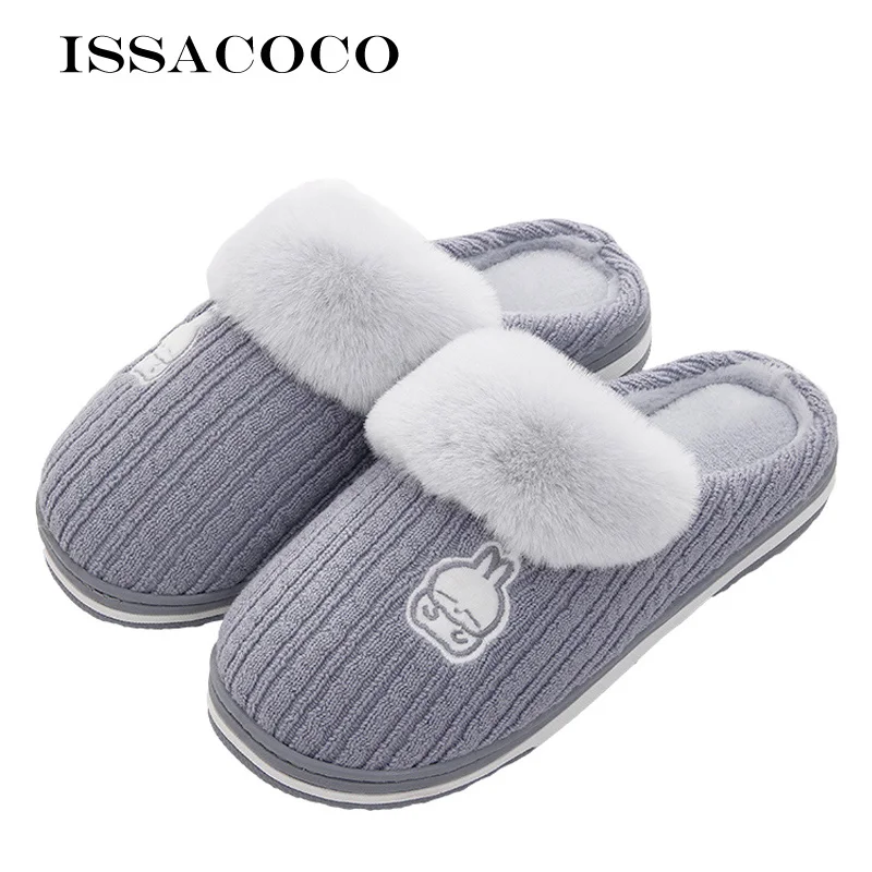 ISSACOCO/новые зимние тапочки; мужские пушистые меховые теплые резиновые тапочки; домашние тапочки с кроличьим мехом; мужские повседневные Тапочки - Цвет: Gray