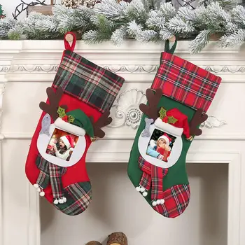 

Transparent Photo Frame Plaid Christmas Socks New Christmas Decoration Gift Candy Bag for Children