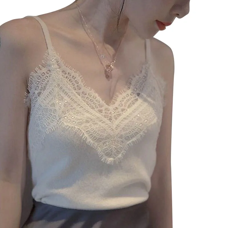 Sexy V Neck Lace Tank Tops Women Camisole Casual Camisole Chic Solid Sleeveless Shirt Female Knit Top