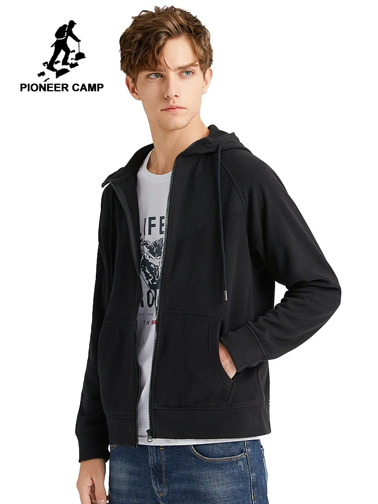 Мужская теплая флисовая куртка Pioneer Camp черная однотонная на молнии с капюшоном