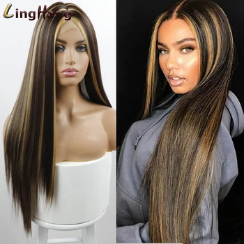 

Linghang Black and Red Wig Synthetic Wigs for Women Natural Middle Part Lace Wig Heat Resistant Fiber Natural Looking Wig