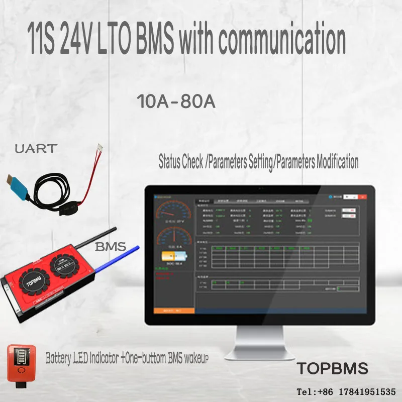 Lithium Titanate BMS bluetooth 11S 24V 20A -80A phone APP RS485 CANbus UART for LTO Batteries 2.3V2.4V connected in 11 series |
