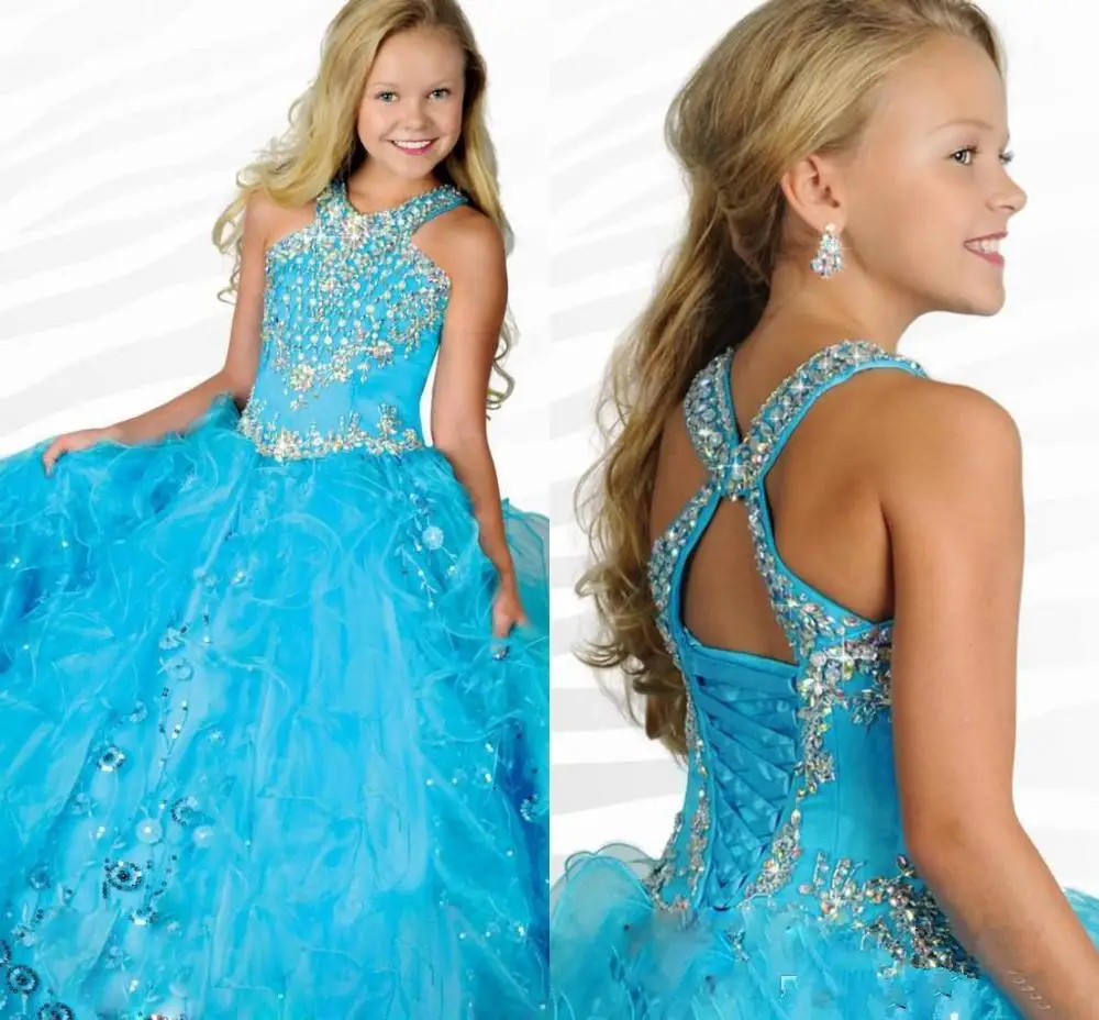 

Turquoise Girls Pageant Dresses Ball Gown Halter Organza Beaded Crystals Long Flower Girl Dresses For Weddings Little Girls
