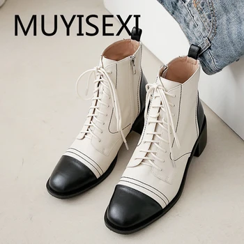 

Fashion mixed colors cow leather shoe round toe 5cm med heel British style winter women lace up zipper ankle boot THS05 MUYISEXI