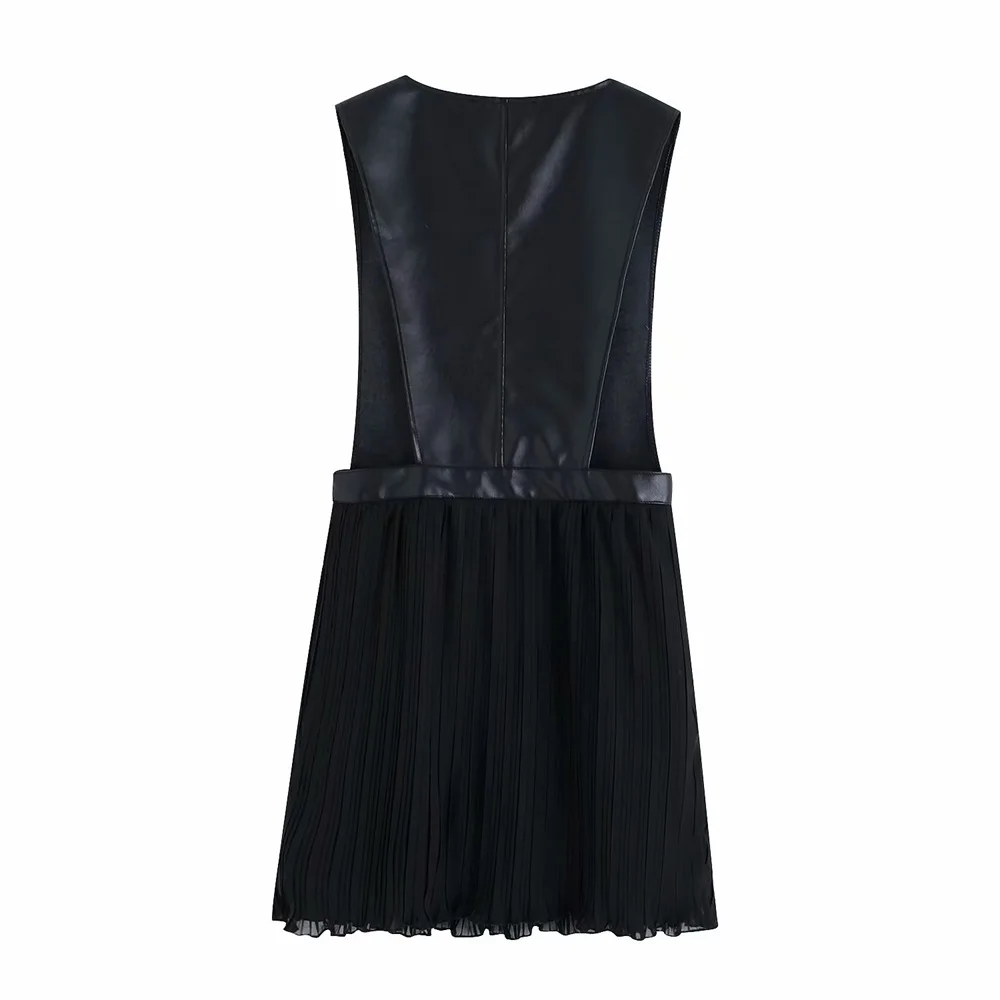 Новое плиссированное платье средней длины из искусственной кожи с v образным