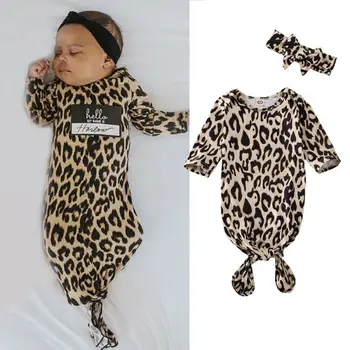 

Cute Newborn Baby Sleeping Bags Toddler Infant Fashion Leopard Printed Blanket Swaddle Wrap Gown+Headband 2PCS Baby Outfits Set