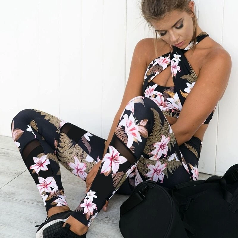

Women Sexy Floral Printed Sports Suit Running Yoga Set Padded Sports Bra Leggings Gym Tracksuit Fitness Clothing Sports Wear