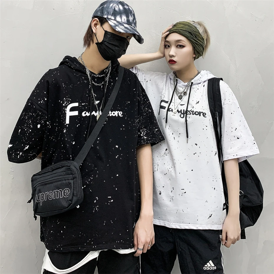Harajuku футболка с капюшоном и буквенным принтом для мужчин и женщин, футболка с коротким рукавом, толстовка в стиле хип-хоп, уличная одежда, футболки, топы черного цвета, WG727