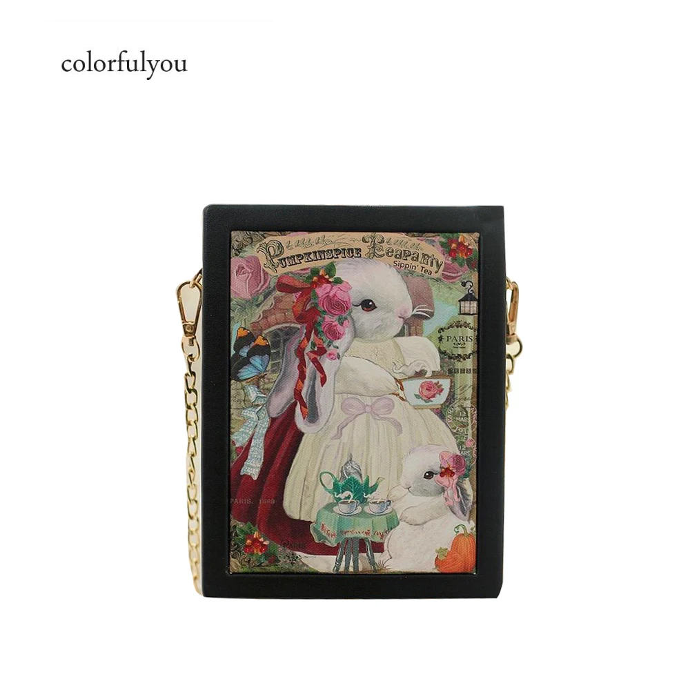 

Vintage Box Shape PU Leather messenger Bag women Hand-printed rabbits and girls Casual Buckle Handbag lady chain Crossbody Bag