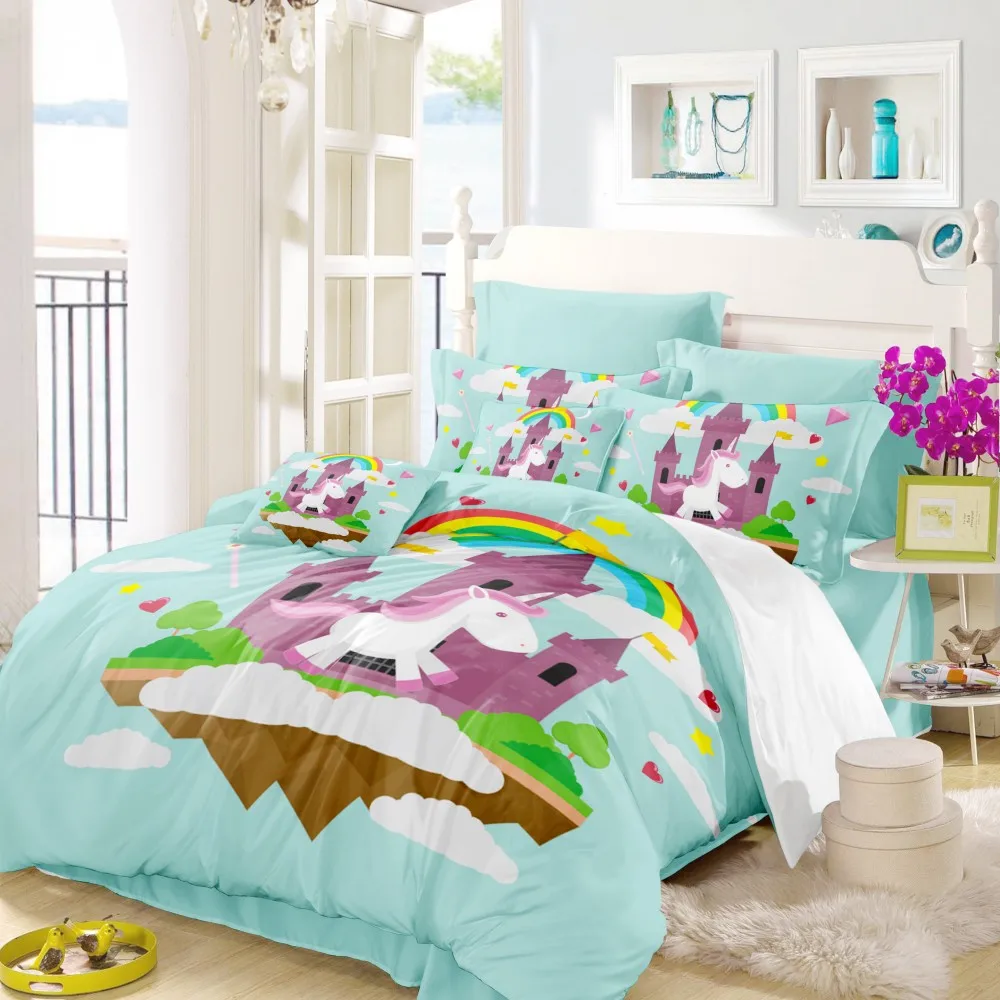 

Cartoon Unicorn Bedding Set Castle Rainbow Printing Microfiber Duvet Cover Set Girls Home Bed Linen Set 3pcs with Pillowcase