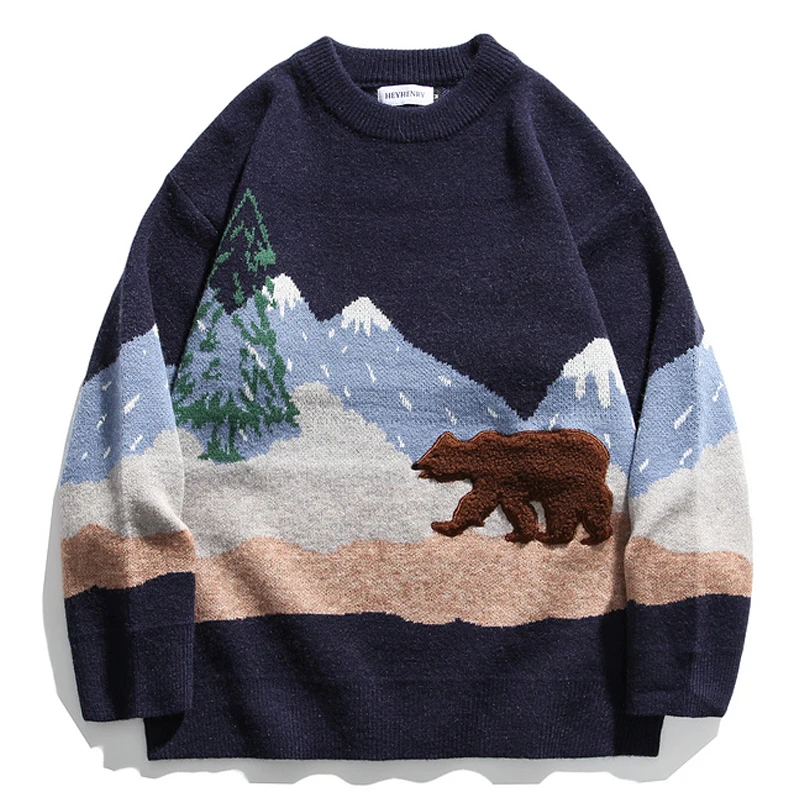 

Mens Bear Embroidery Sweaters Streetwear 2020 Winter Unisex Vintage Couple Patchwork Knitwear Women Oversize Pullover Sweater
