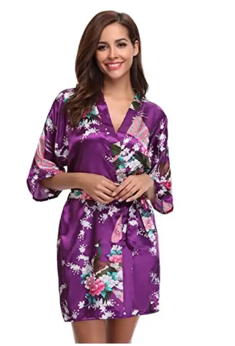 Female Printed Floral Kimono Dress Gown Chinese Style Silk Satin Nightgown S M L XL XXL