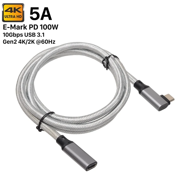 

100W PD 5A Curved USB3.1 Type-C Extension Cable 4K @60Hz 10Gbps USB-C Gen 2 Extender Cord for Macbook Nintendo ASUS HP Laptop 5M