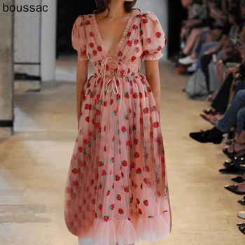

High Quality New Women'S Fashion Party Casual Workplace Vacation Vintage Elegant Chic Mesh Embroidery V-Neck Ribbon Midi Dress