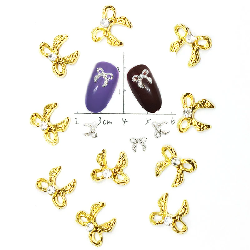 

10Pcs Silver 3d Bows Nail Art Decorations with Crystals Charms Metal Nailart Accessoires Rhinestones Supply for Manicure Jewelry