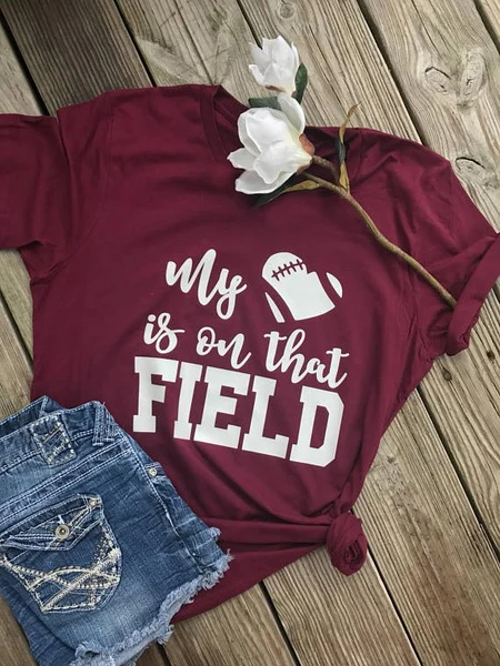 

Women T Shirt My Heart Is on That Field Printed Casual Loose Short Sleeve Top Tee Football Wife Mom Shirt funny graphic grunge