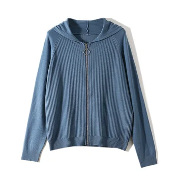 

Long Sleeve Women Hooded Sweater Female Cardigans Winter Loose casual Striped Sweater Ladies Tops Cute Knitwear Blue Clothing