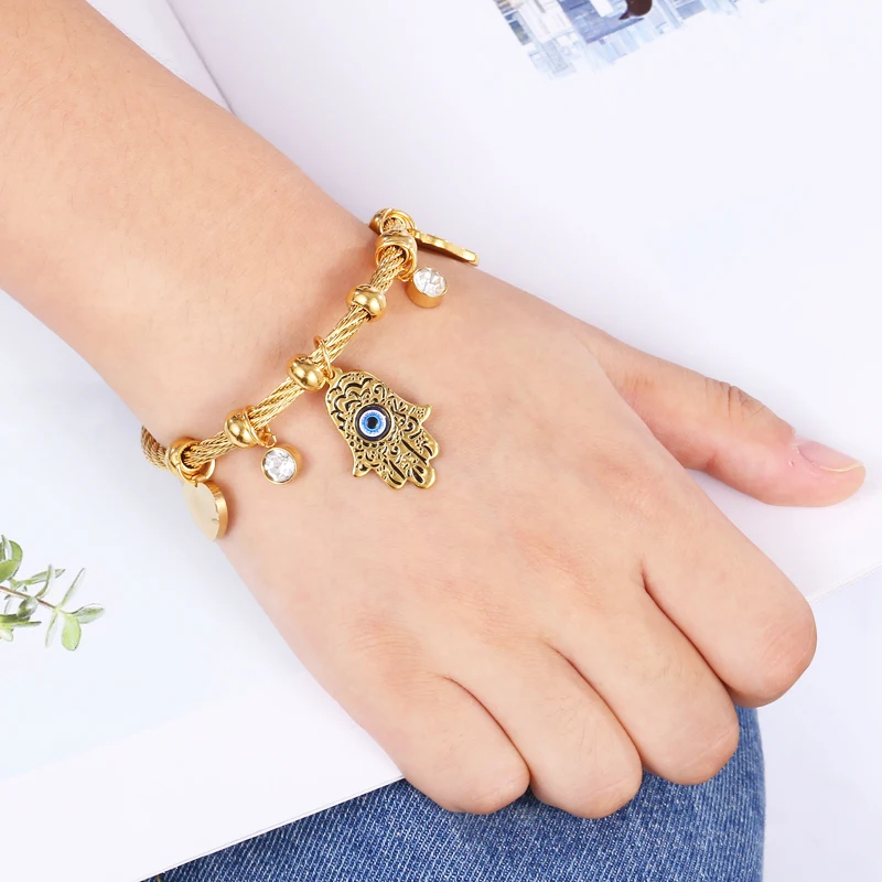 Turkish Lucky Fatima Hand Evil Eye Heart Adjustable Bracelets For Women High Quality Stainless Steel Jewelry 2