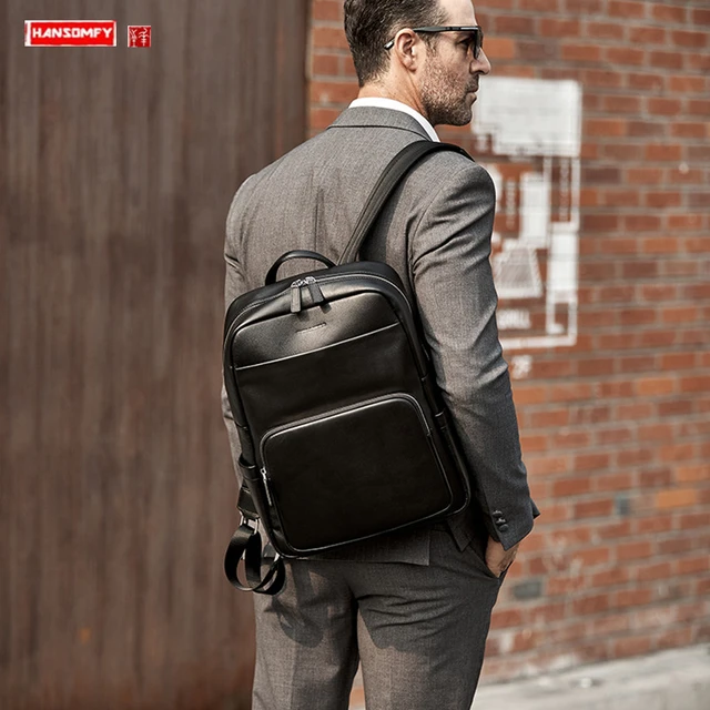 Mochila de negocios de cuero negro para hombre, primera capa de piel de bolsa para ordenador portátil, mochilas de viaje para estudiantes universitarios - AliExpress