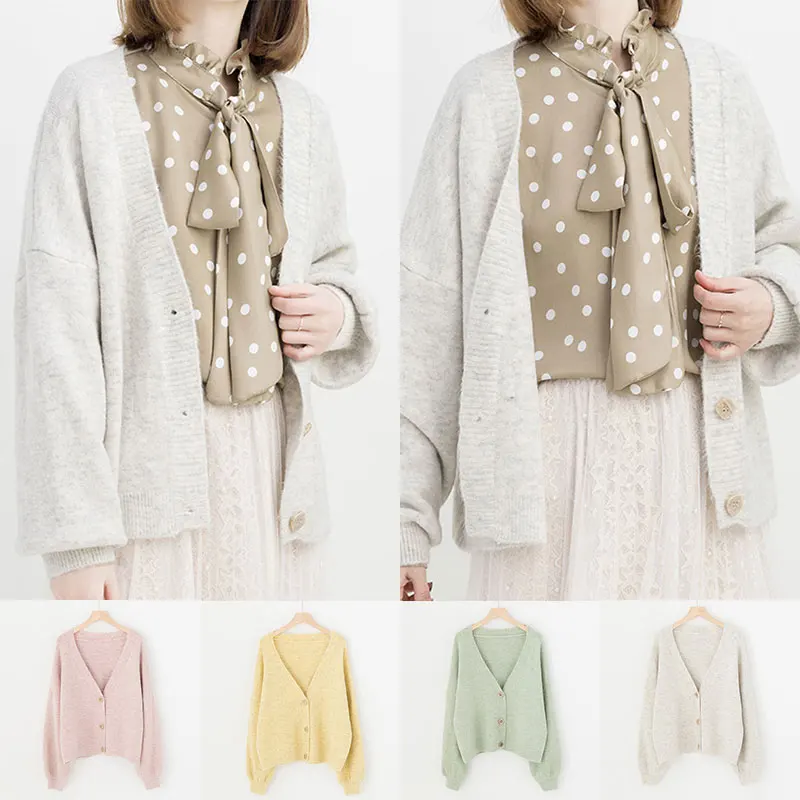 Sweet Women Girls Knitted V Neck Sweater Fashion Cardigan Knitwear Autumn Korean Female Long Sleeve Short Casual Outwear Coat