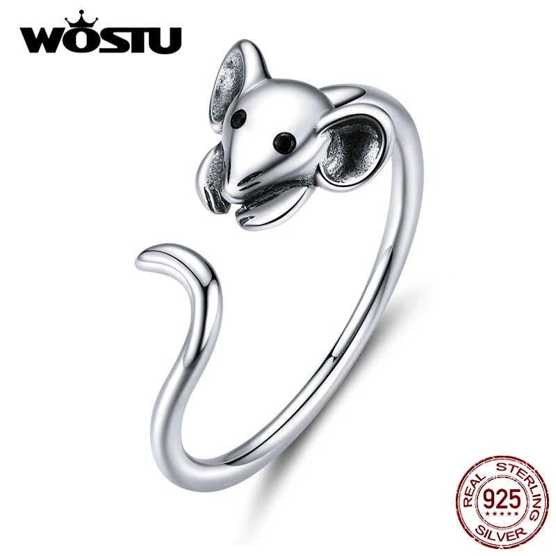 

WOSTU 925 Sterling Silver Long Tail Mouse Open Rings Adjustable Party Women Ring Finger Fashion Jewelry 2020 New Arrival CQR632