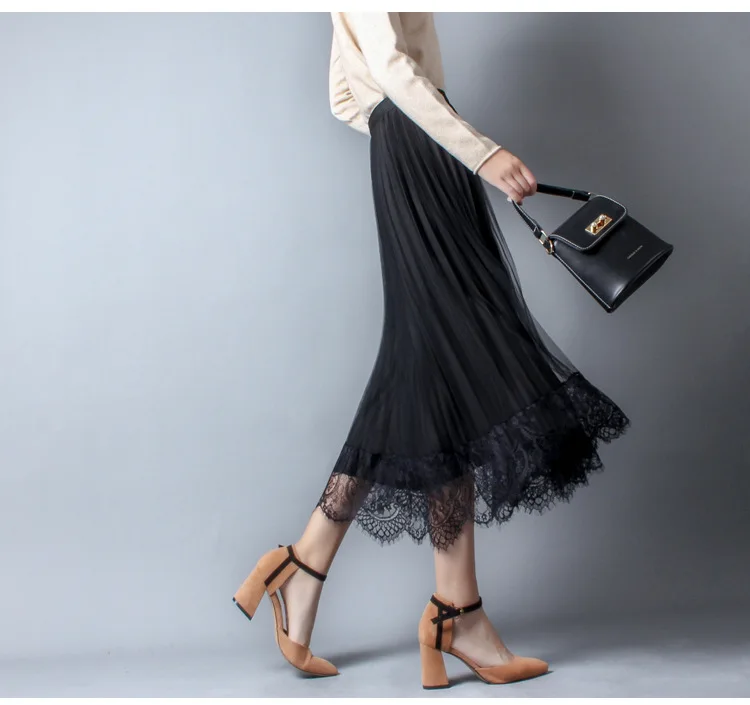 Осенняя Женская плиссированная юбка, зимняя кружевная юбка миди с высокой талией, бархатная Женская юбка, плиссированная юбка с высокой талией, Jupe Femme