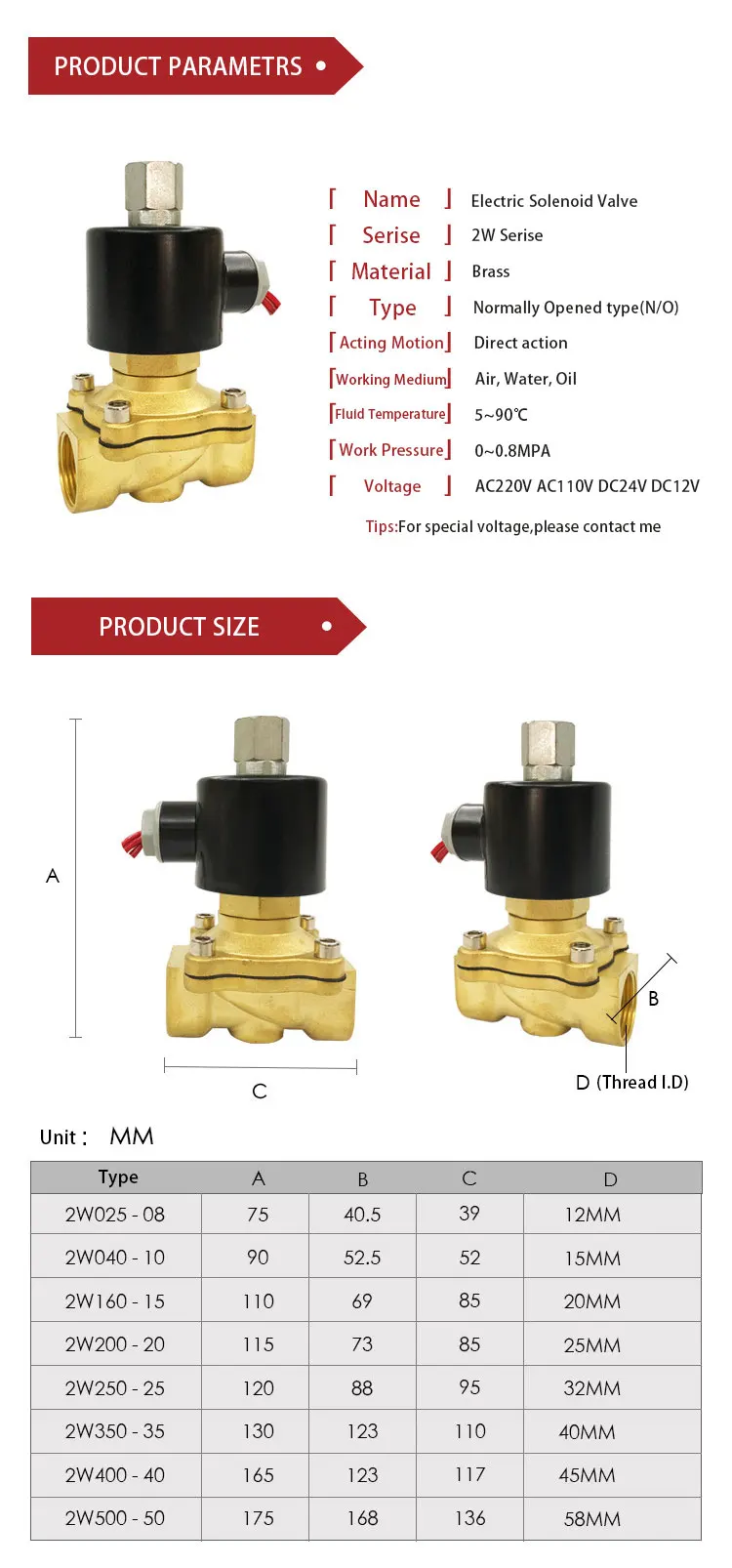 Electric Solenoid Valve 1/4" 3/8" 1/2" 3/4" 1" DN8/10/15/20/25/50 Normally Opened Pneumatic for Water Oil Air 12V/24V/220V/110V