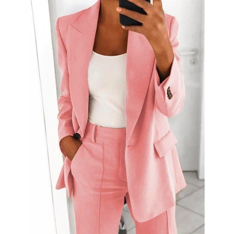 CINESSD 2021 Summer Autumn Solid Blazer Coat Notched Long Sleeve Cardigan Button Casual Jacket Suits Office Lady Black Blazers plus size pants suits evening wear Suits & Blazers