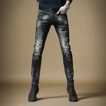 

Free Shipping New 2020 men's male Spring autumn models retro ripped jeans slim Korean trend old patches beggar pants trousers