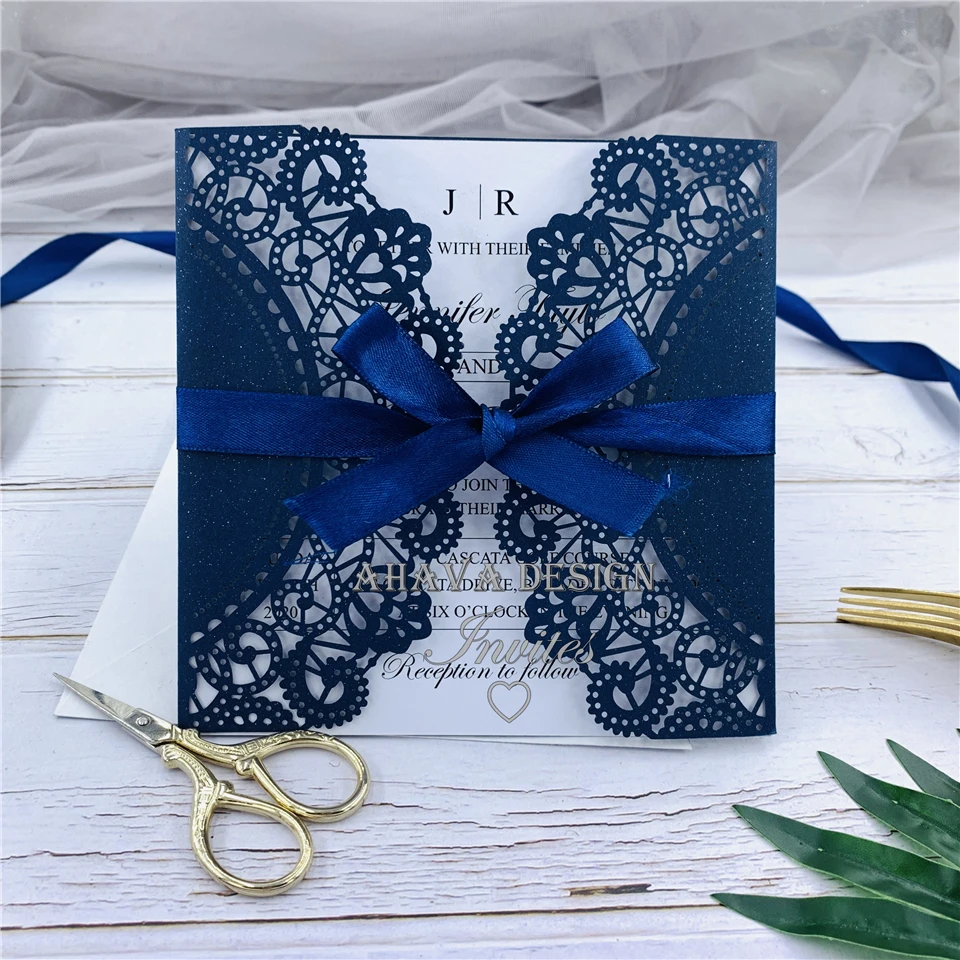 

Graceful navy laser cut floral wedding invitations, personalized invite with ribbon
