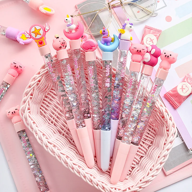 

Pink unicorn gel pen kawaii quicksand plastic material cartoon sequins writing pen for kid gift school office supply stationery